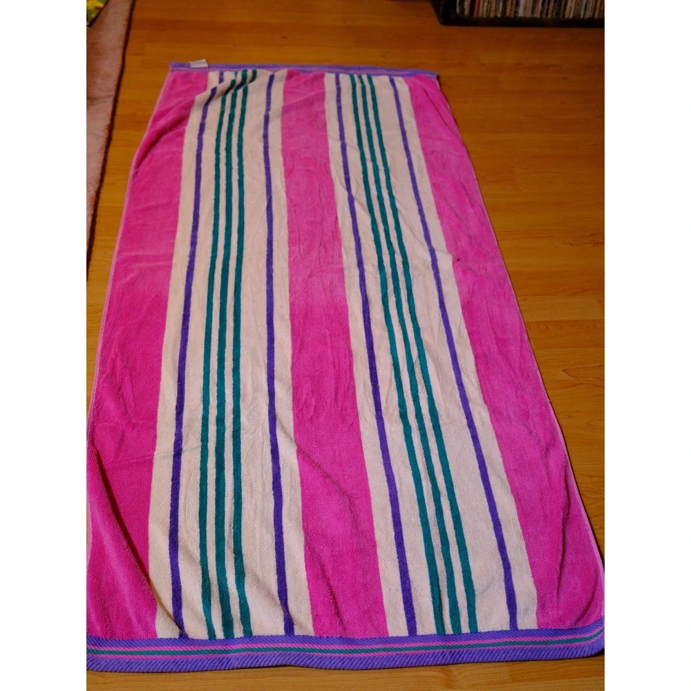 Tropical Escape Beach Towel Pink Purple Teal Striped Cotton Blend 56x28 Vintage